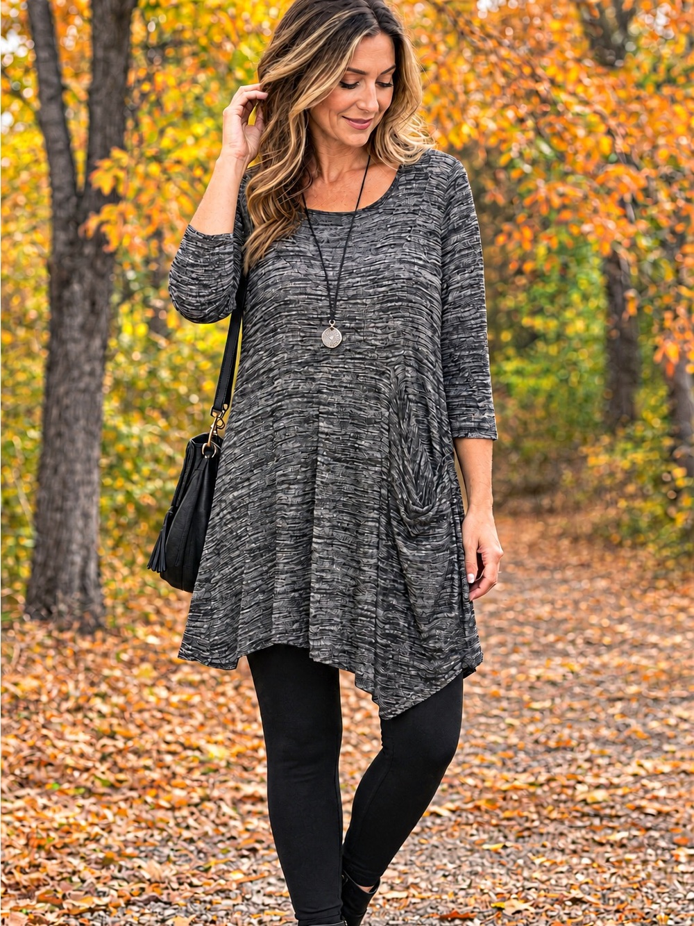 Pretty Women Lagenlook Tunic Dress Grey Black Asymmetrical Pocket Boho Size L